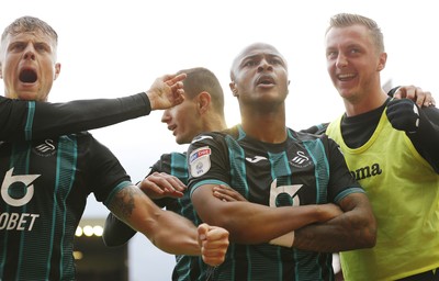 191019 - Barnsley v Swansea City - Sky Bet Championship - Andre Ayew of Swansea celebrates scoring the 1st goal of the match with Besant Celina