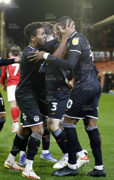 241121 - Barnsley v Swansea City - Sky Bet Championship - Olivier Ntcham of Swansea [rt] with Korey Smith of Swansea celebrate to fans