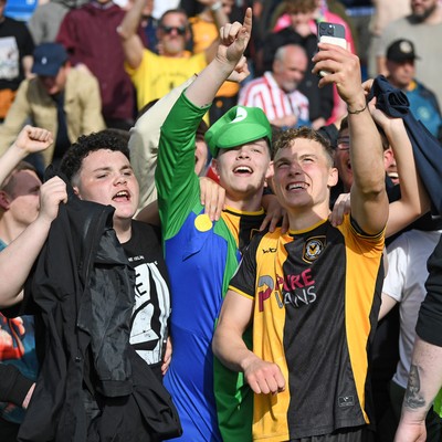 020526 - Barrow v Newport County - Sky Bet League 2 -  Sven Sprangler of Newport County celebrates at full time with fans