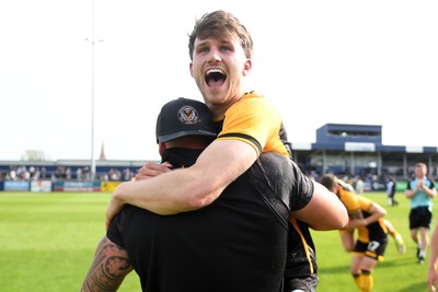 020526 - Barrow v Newport County - Sky Bet League 2 -  Ben Lloyd of Newport County is held up in celebration by David Pipe at full time