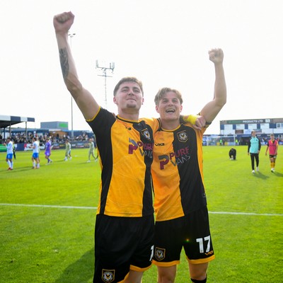 020526 - Barrow v Newport County - Sky Bet League 2 -  James Crole of Newport County and Tom Davies of Newport County celebrates at full time