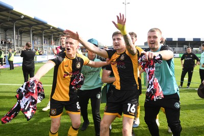 020526 - Barrow v Newport County - Sky Bet League 2 -  Matt Smith of Newport County, James Crole of Newport County and Cole Jarvis of Newport County celebrates at full time