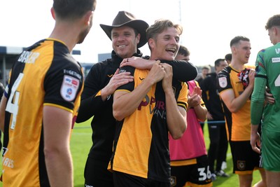 020526 - Barrow v Newport County - Sky Bet League 2 -  Newport County Assistant Manager, Mark Smith and Sven Sprangler of Newport County celebrates at full time
