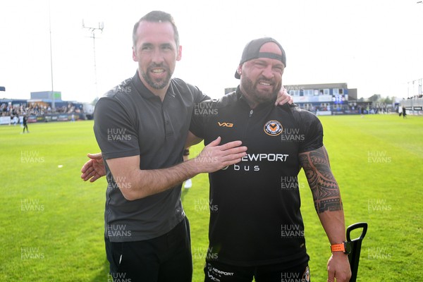 020526 - Barrow v Newport County - Sky Bet League 2 -  Newport County Head Coach, Christian Fuchs and David Pipe celebrates at full time