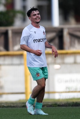 250725 - Barry Town United v Newport County - Pre Season Friendly - Ieuan Owen of Barry Town United celebrates scoring the first goal of the game