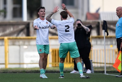 250725 - Barry Town United v Newport County - Pre Season Friendly - Ieuan Owen of Barry Town United celebrates scoring the first goal of the game