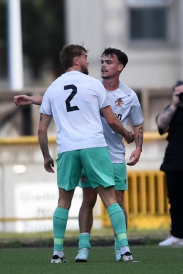 250725 - Barry Town United v Newport County - Pre Season Friendly - Ieuan Owen of Barry Town United celebrates scoring the first goal of the game
