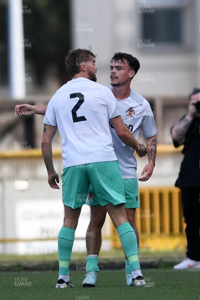250725 - Barry Town United v Newport County - Pre Season Friendly - Ieuan Owen of Barry Town United celebrates scoring the first goal of the game