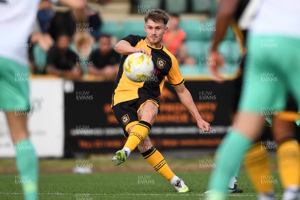 250725 - Barry Town United v Newport County - Pre Season Friendly - Ben Lloyd of Newport County has a shot at goal