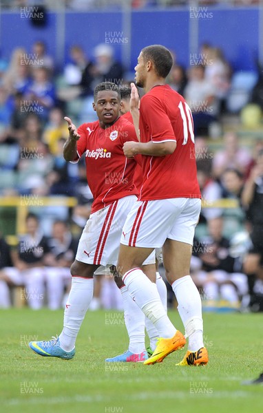 270713 - Barry Town v Cardiff City - Pre Season Friendly -    Kadeem Harris of Cardiff City, left, is congratulated by team mate Rudy Gestede after scoring