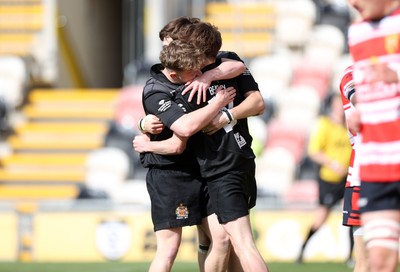 050525 - Barry v Gorseinon - U18 Plate Final - Boys U18s Finals Day - Morgan Beasley of Barry celebrates scoring a try with team mates