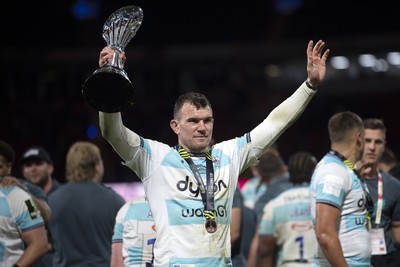230525 - Bath Rugby v Lyon Olympique Universitaire - EPCR Challenge Cup Final - Ben Spencer of Bath Rugby with the trophy at full time
