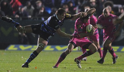 05.11.10 - Bath v Cardiff Blues - LV= Cup - Ben White of Cardiff Blues is stopped by John van der Giessen of Bath. 