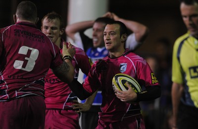 05.11.10 - Bath v Cardiff Blues - LV= Cup - Gareth Davies of Cardiff Blues celebrates his try with John Yapp. 