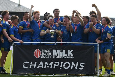 220426 - Bath v Loughborough - Men's BUCS Final - Bath players celebrate lifting the trophy and winning the treble at full time