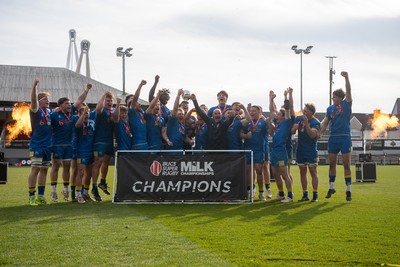 220426 - Bath v Loughborough - Men's BUCS Final - Bath players celebrate lifting the trophy and winning the trebble