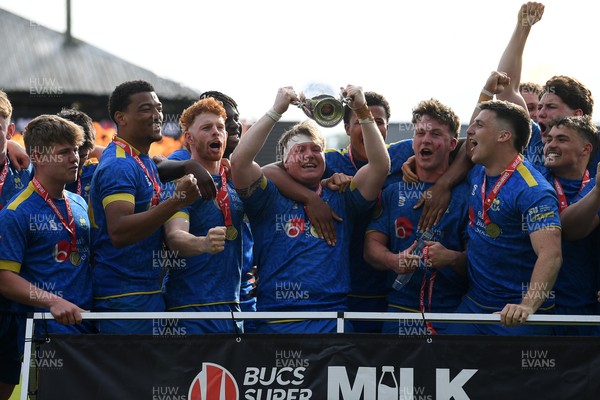 220426 - Bath v Loughborough - Men's BUCS Final - Bath players celebrate lifting the trophy and winning the treble at full time