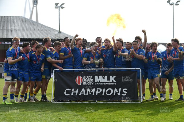 220426 - Bath v Loughborough - Men's BUCS Final - Bath players celebrate lifting the trophy and winning the treble at full time