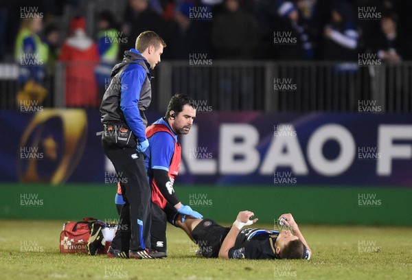120118 - Bath v Scarlets - European Rugby Champions Cup - Rhys Priestland of Bath is treated for injury