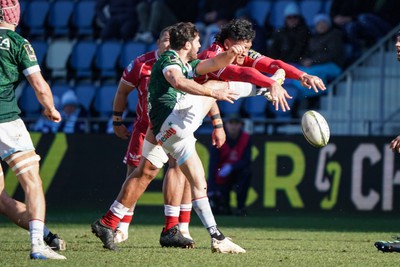 210123 - Aviron Bayonnais v Scarlets - EPCR Challenge Cup - Sam Lousi of Scarlets attempts to charge down Maxime Machenaud of Aviron Bayonnais