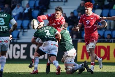 210123 - Aviron Bayonnais v Scarlets - EPCR Challenge Cup - Sam Lousi of Scarlets is tackled by Torsten van Jaarsveld (2)