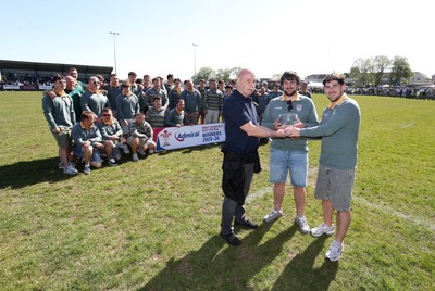 250426 - Beddau Athletic, Admiral National League 6 East Central - Captains Chris Bird and Luke Jones are presented the trophy by Martin Wallace
