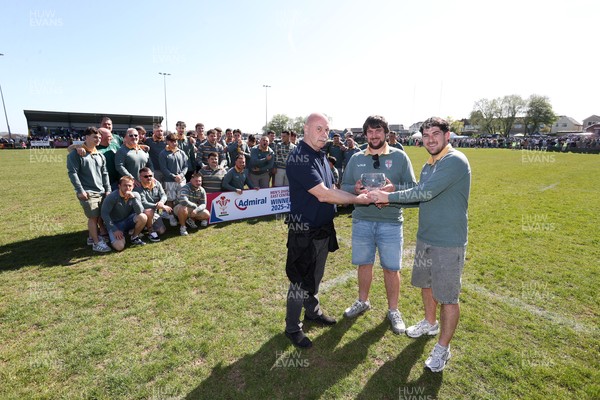 250426 - Beddau Athletic, Admiral National League 6 East Central - Captains Chris Bird and Luke Jones are presented the trophy by Martin Wallace