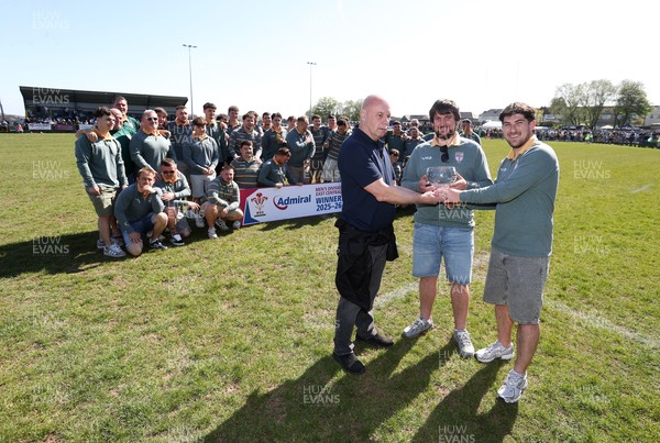 250426 - Beddau Athletic, Admiral National League 6 East Central - Captains Chris Bird and Luke Jones are presented the trophy by Martin Wallace