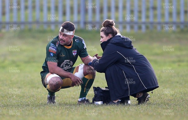 091119 - Beddau v Carmarthen Quins - Specsavers Cup - Jordan Goodwin of Beddau is seen to by physio 
