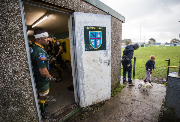 091119 - Beddau v Carmarthen Quins - Specsavers Cup - Jordan Goodwin of Beddau looks out of the changing room towards the pitch