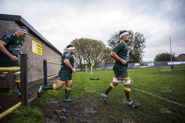 091119 - Beddau v Carmarthen Quins - Specsavers Cup - Jordan Goodwin of Beddau leads the team out onto the pitch