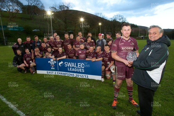 160513 - Bedlinog v Tylorstown, SWALEC League 2 East - WRU Board member Ray Wilton presents Bedlinog captain Carl Giles with the trophy for winning League 2 East