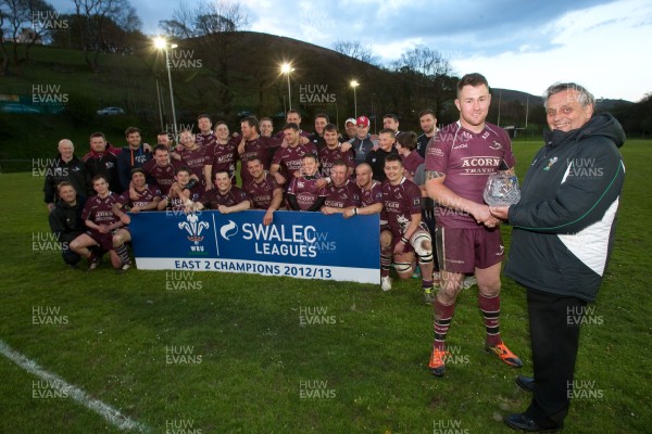 160513 - Bedlinog v Tylorstown, SWALEC League 2 East - WRU Board member Ray Wilton presents Bedlinog captain Carl Giles with the trophy for winning League 2 East