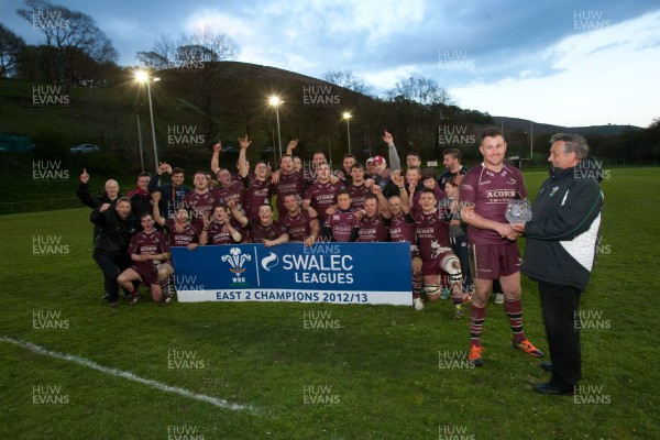 160513 - Bedlinog v Tylorstown, SWALEC League 2 East - WRU Board member Ray Wilton presents Bedlinog captain Carl Giles with the trophy for winning League 2 East