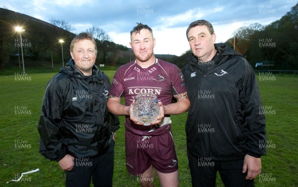 160513 - Bedlinog v Tylorstown, SWALEC League 2 East - Bedlinog captain Carl Giles with the trophy for winning League 2 East, with coaches Simon Powell, left, and John Coombes