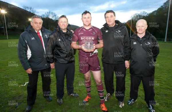 160513 - Bedlinog v Tylorstown, SWALEC League 2 East - Bedlinog captain Carl Giles with the trophy for winning League 2 East, with, left to right, Ray Wilton, WRU Board member, and coaches Simon Powell, John Coombes and Ray Fussell