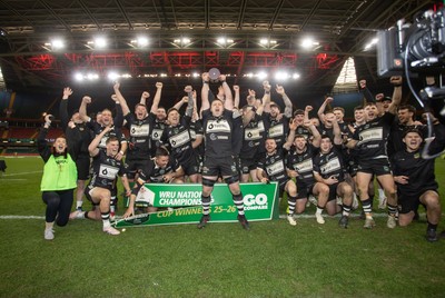 120426 - Bedwas v Bridgend Athletic - Mens Championship Cup Final - Dale Rogers lifts the trophy with team mates