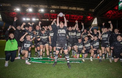 120426 - Bedwas v Bridgend Athletic - Mens Championship Cup Final - Dale Rogers lifts the trophy with team mates