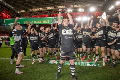 120426 - Bedwas v Bridgend Athletic - Mens Championship Cup Final - Dale Rogers lifts the trophy with team mates