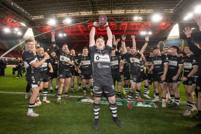 120426 - Bedwas v Bridgend Athletic - Mens Championship Cup Final - Dale Rogers lifts the trophy with team mates