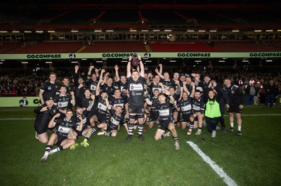 120426 - Bedwas v Bridgend Athletic - Mens Championship Cup Final - Dale Rogers lifts the trophy with team mates