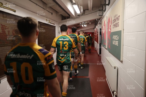 120426 - Bedwas v Bridgend Athletic - Mens Championship Cup Final - Bridgend make their way to the field