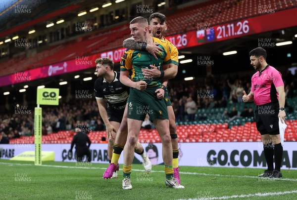 120426 - Bedwas v Bridgend Athletic - Mens Championship Cup Final - McKenzie Grey of Bridgend scores a try