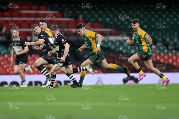 120426 - Bedwas v Bridgend Athletic - Mens Championship Cup Final - Gabriel Brown of Bridgend chases the ball down the field to score a try