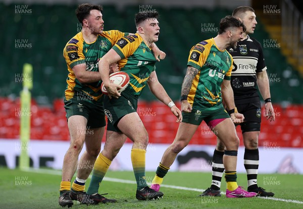 120426 - Bedwas v Bridgend Athletic - Mens Championship Cup Final - Gabriel Brown of Bridgend chases the ball down the field to score a try
