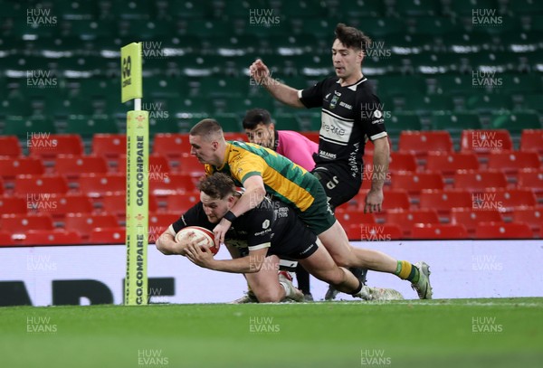 120426 - Bedwas v Bridgend Athletic - Mens Championship Cup Final - Rhys Peters of Bedwas scores a try