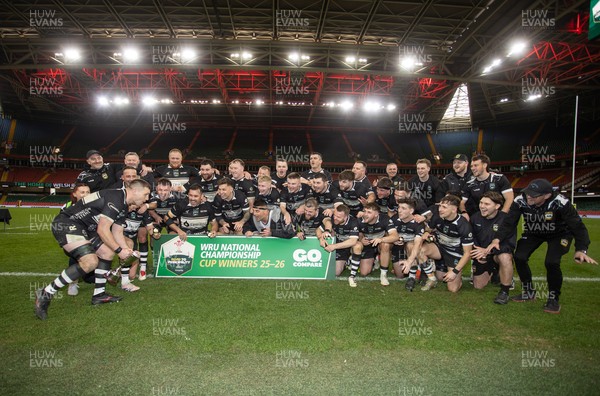 120426 - Bedwas v Bridgend Athletic - Mens Championship Cup Final - Dale Rogers lifts the trophy with team mates