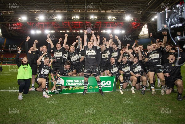 120426 - Bedwas v Bridgend Athletic - Mens Championship Cup Final - Dale Rogers lifts the trophy with team mates