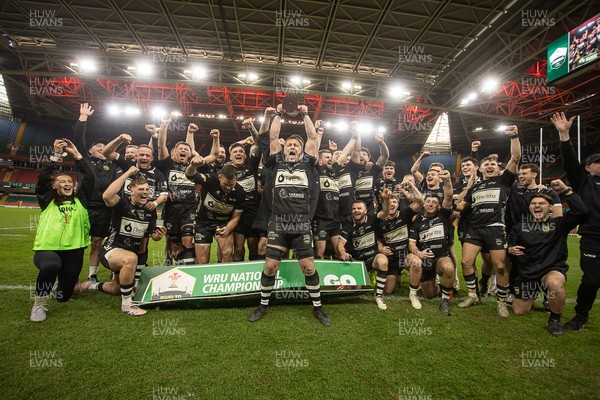 120426 - Bedwas v Bridgend Athletic - Mens Championship Cup Final - Dale Rogers lifts the trophy with team mates