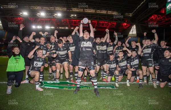 120426 - Bedwas v Bridgend Athletic - Mens Championship Cup Final - Dale Rogers lifts the trophy with team mates
